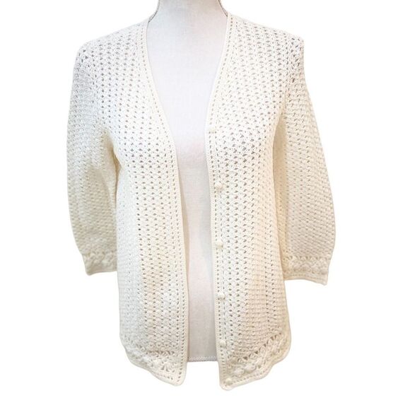 Lauren Ralph lauren hand knit off white crochet cotton blend cardigan small pet - Picture 1 of 12